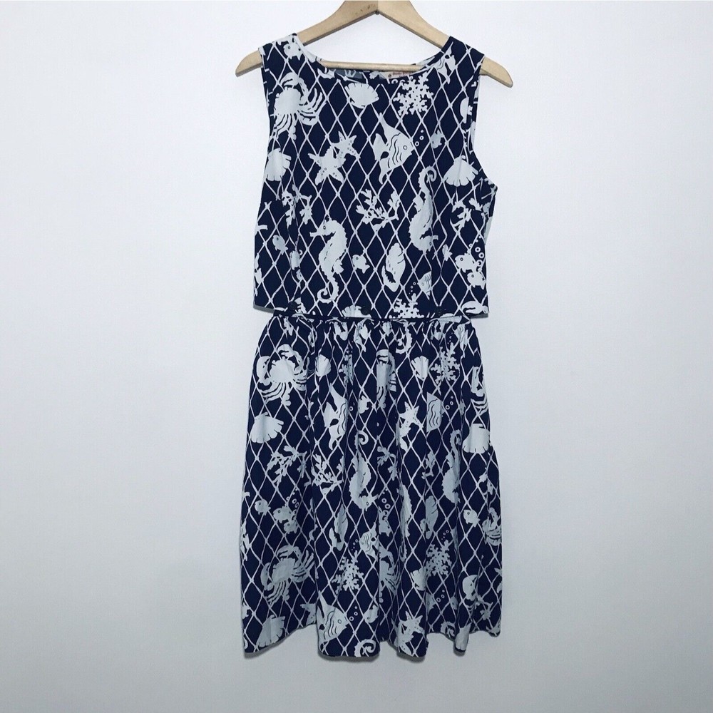 Brooks Brother Midi Dress Size 8 Two Piece Blue Seahorse Ocean Print